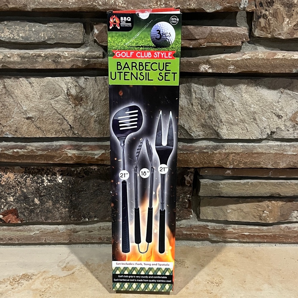 Golf Club Style Barbecue Utensil Set - Black and Stainless Steel